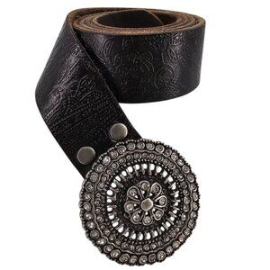 Fossil Womens M Leather Embossed Floral Belt with Rhinestone Buckle‎